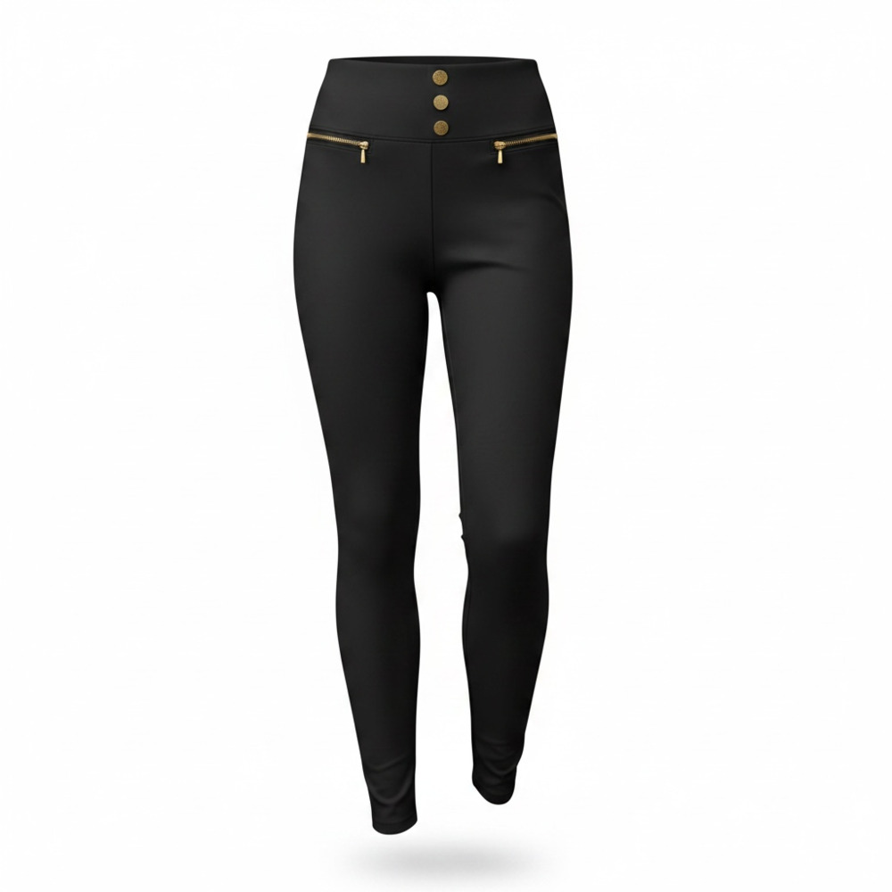 Apricot High-Waisted Slim Fit Trousers with Gold Tone Buttons and Zip Pockets